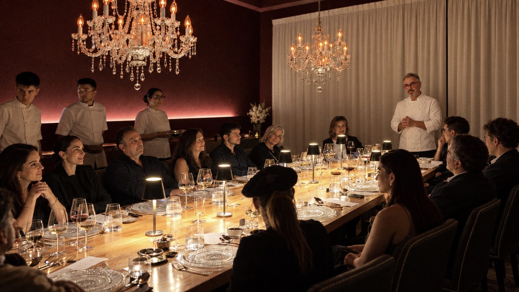 Cena de evento privado en A Fuego Fuerte: Julio Lunghi recibiendo a los invitados en la mesa a la luz de las arañas