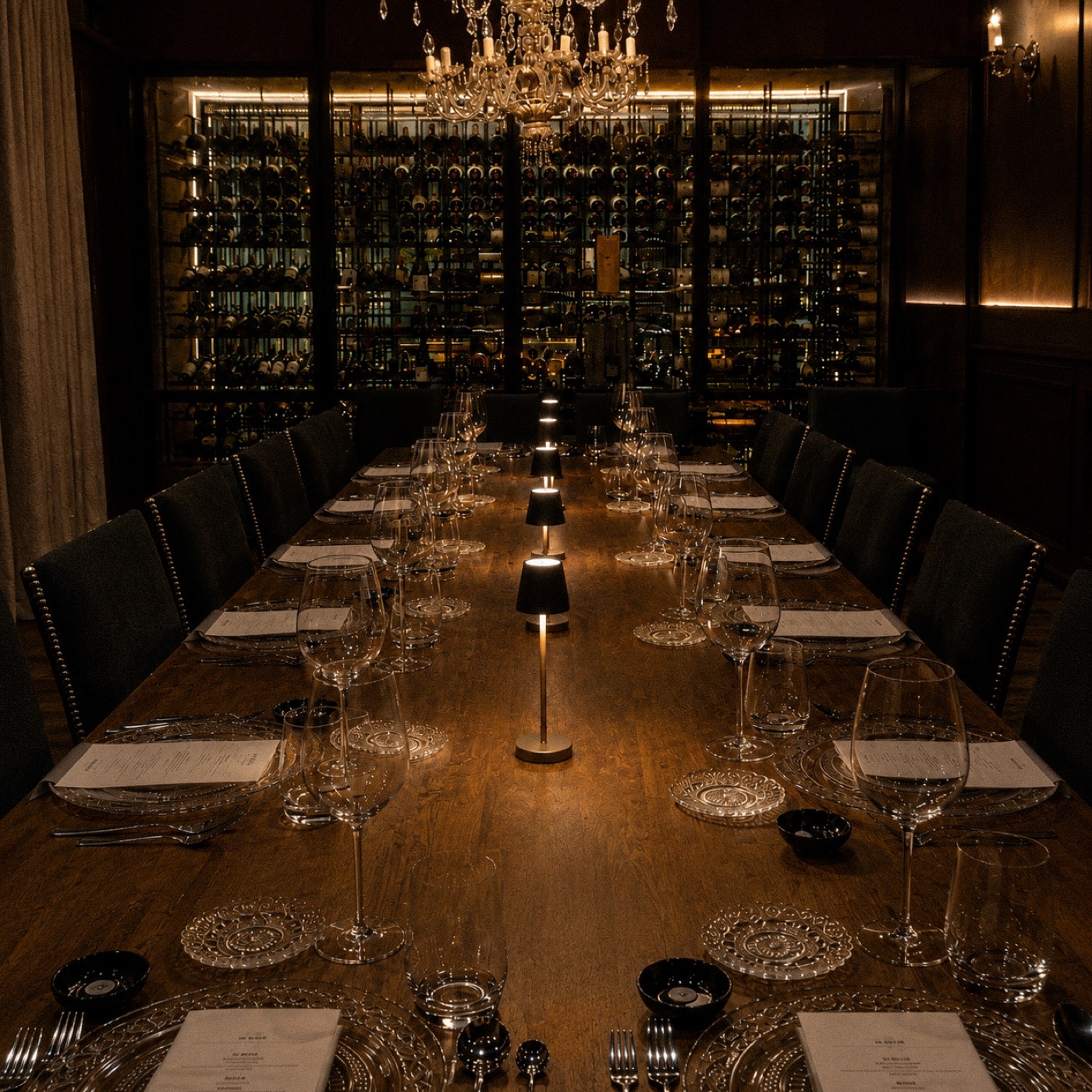 Salón Privado de A Fuego Fuerte: mesa larga para grupos junto a la cava de vinos